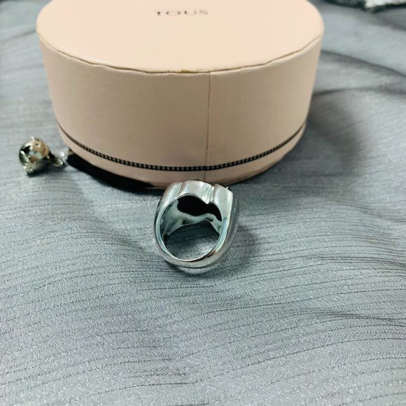 TOUS Ring Big Silver TOUS Color Ring with faceted onyx Women Jewelry 56# - Picture 10 of 13